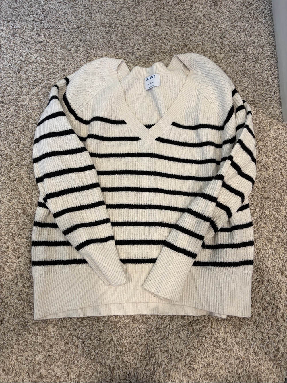 Old Navy Cream & Black Striped V-Neck Sweater